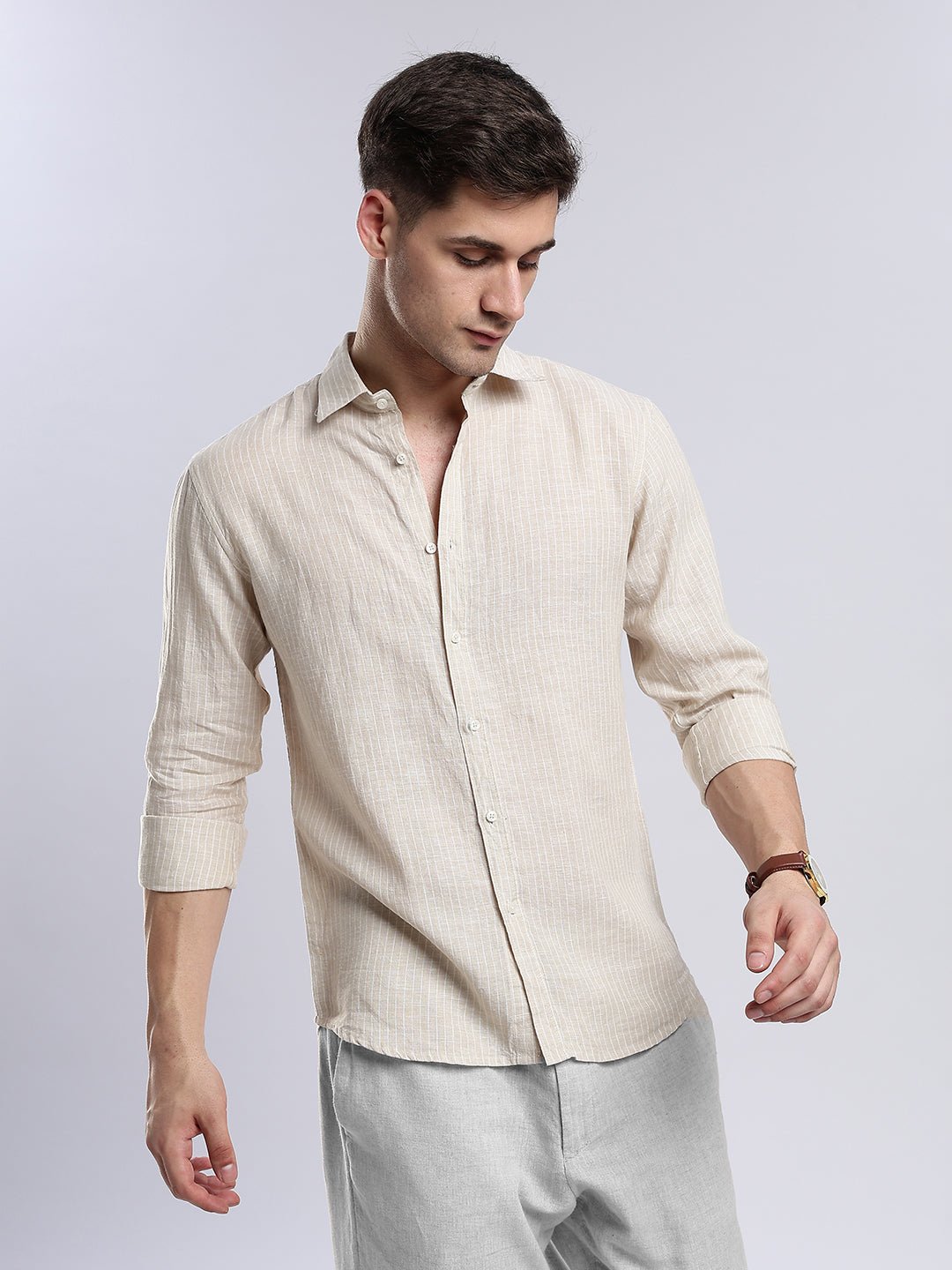 100{0fe987850b2366ddbf93158462bf650ab3167f078d7b080d701abd4c627c78f9} Linen French Almond Pinstripe Shirt - Image 3