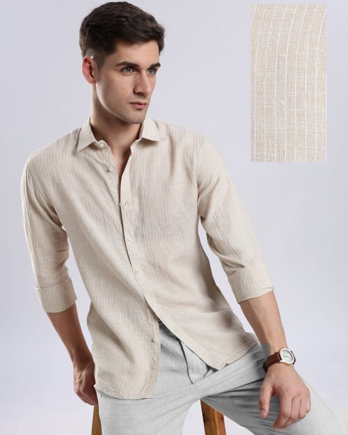 100{0fe987850b2366ddbf93158462bf650ab3167f078d7b080d701abd4c627c78f9} Linen French Almond Pinstripe Shirt