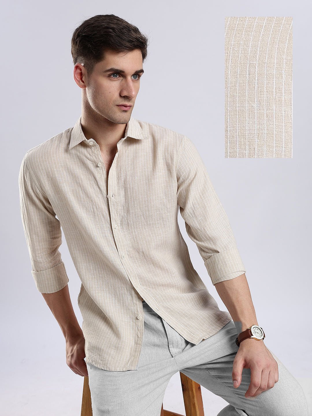 100{0fe987850b2366ddbf93158462bf650ab3167f078d7b080d701abd4c627c78f9} Linen French Almond Pinstripe Shirt