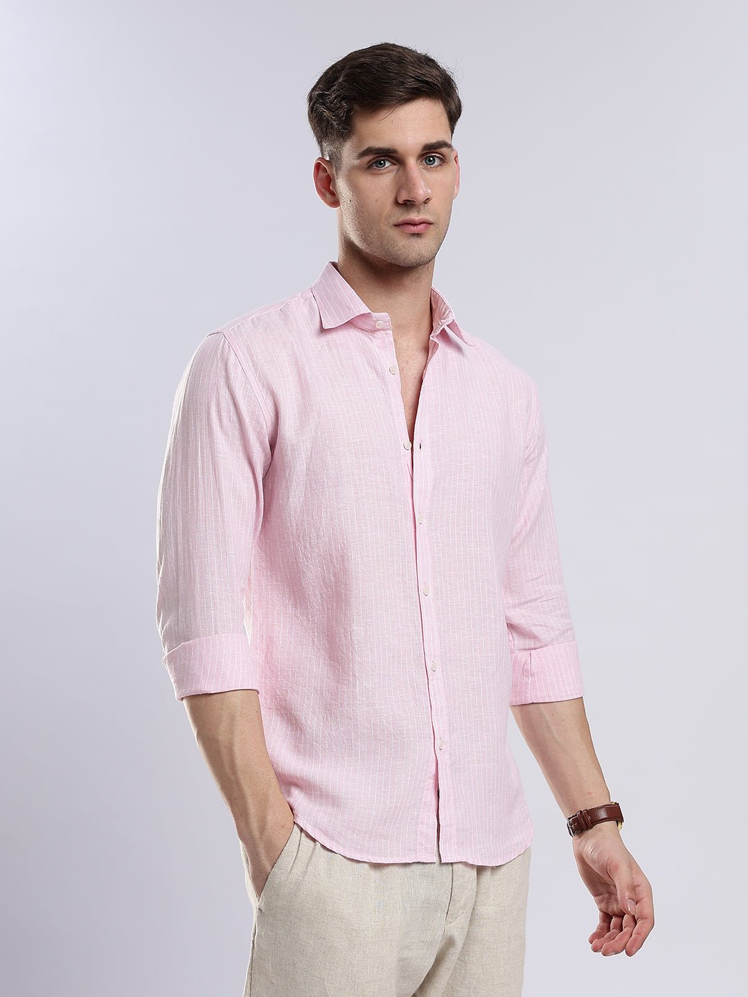 100{0fe987850b2366ddbf93158462bf650ab3167f078d7b080d701abd4c627c78f9} Linen French Rosé Pinstripe Shirt - Image 6