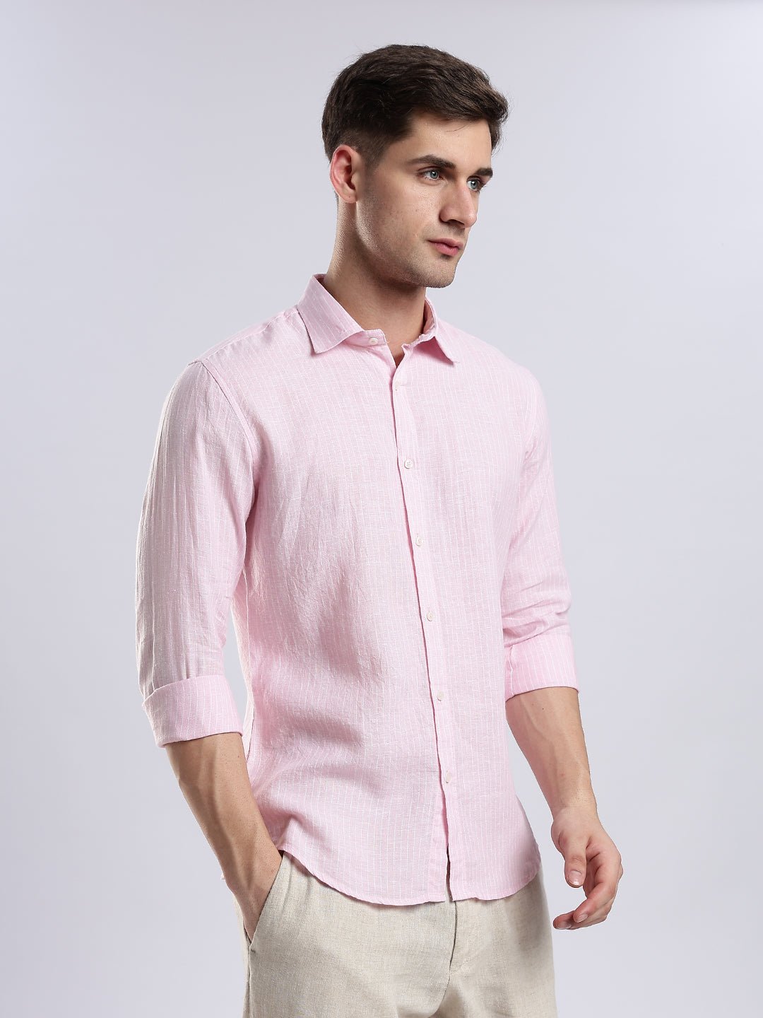 100{0fe987850b2366ddbf93158462bf650ab3167f078d7b080d701abd4c627c78f9} Linen French Rosé Pinstripe Shirt