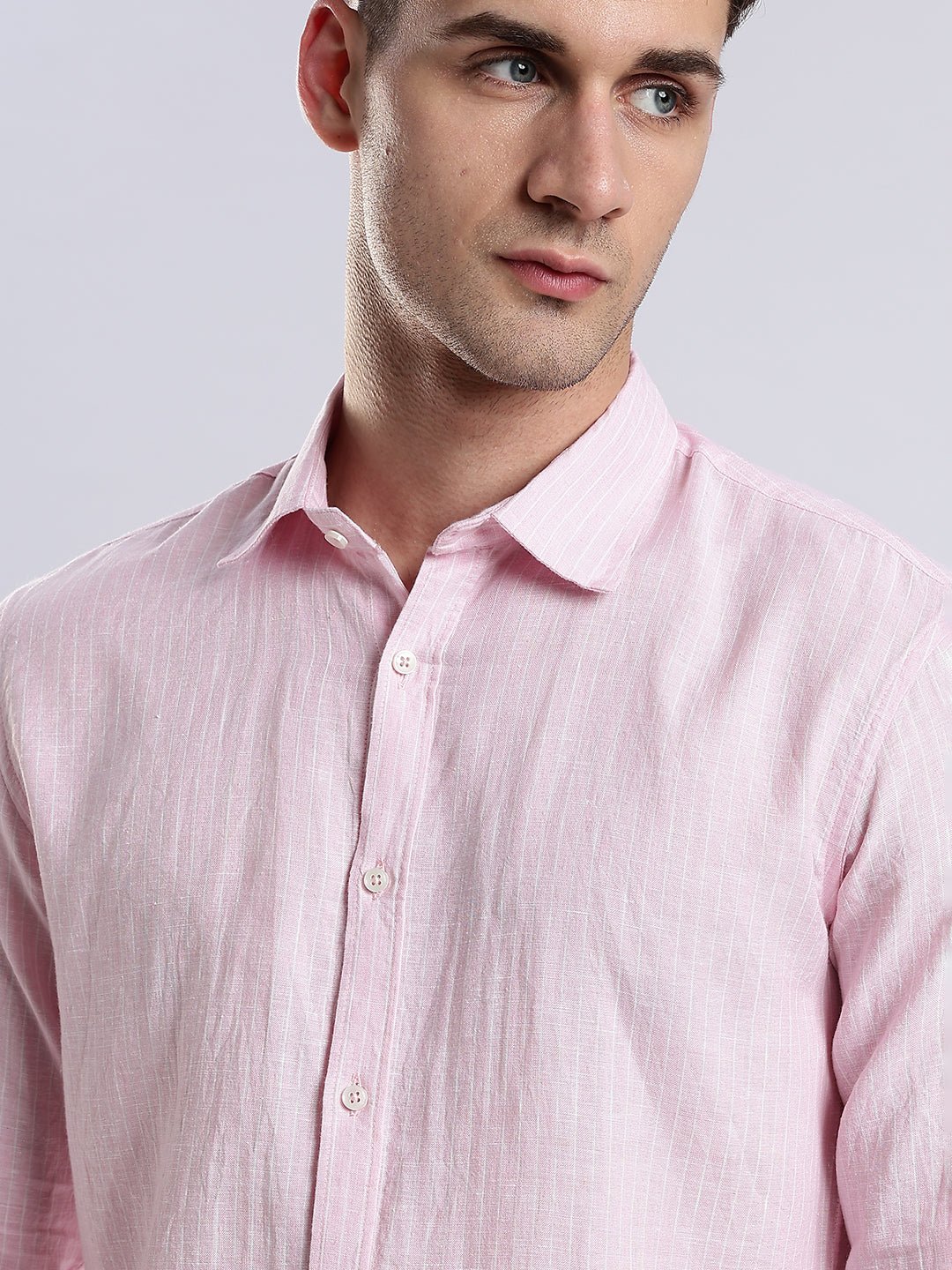 100{0fe987850b2366ddbf93158462bf650ab3167f078d7b080d701abd4c627c78f9} Linen French Rosé Pinstripe Shirt - Image 2