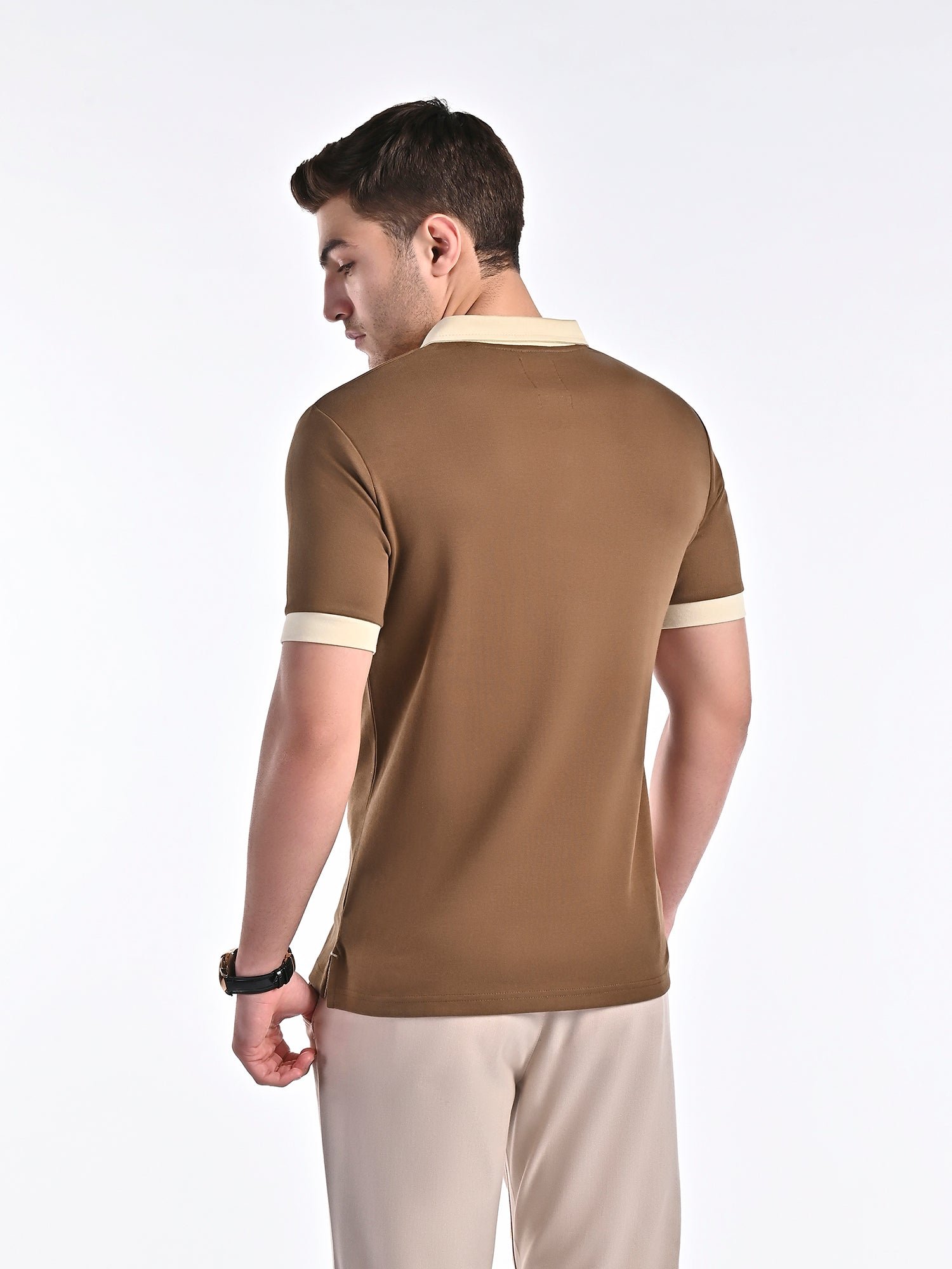 Smooth-Touch Contrast Polo in Cinnamon Brown - Image 3