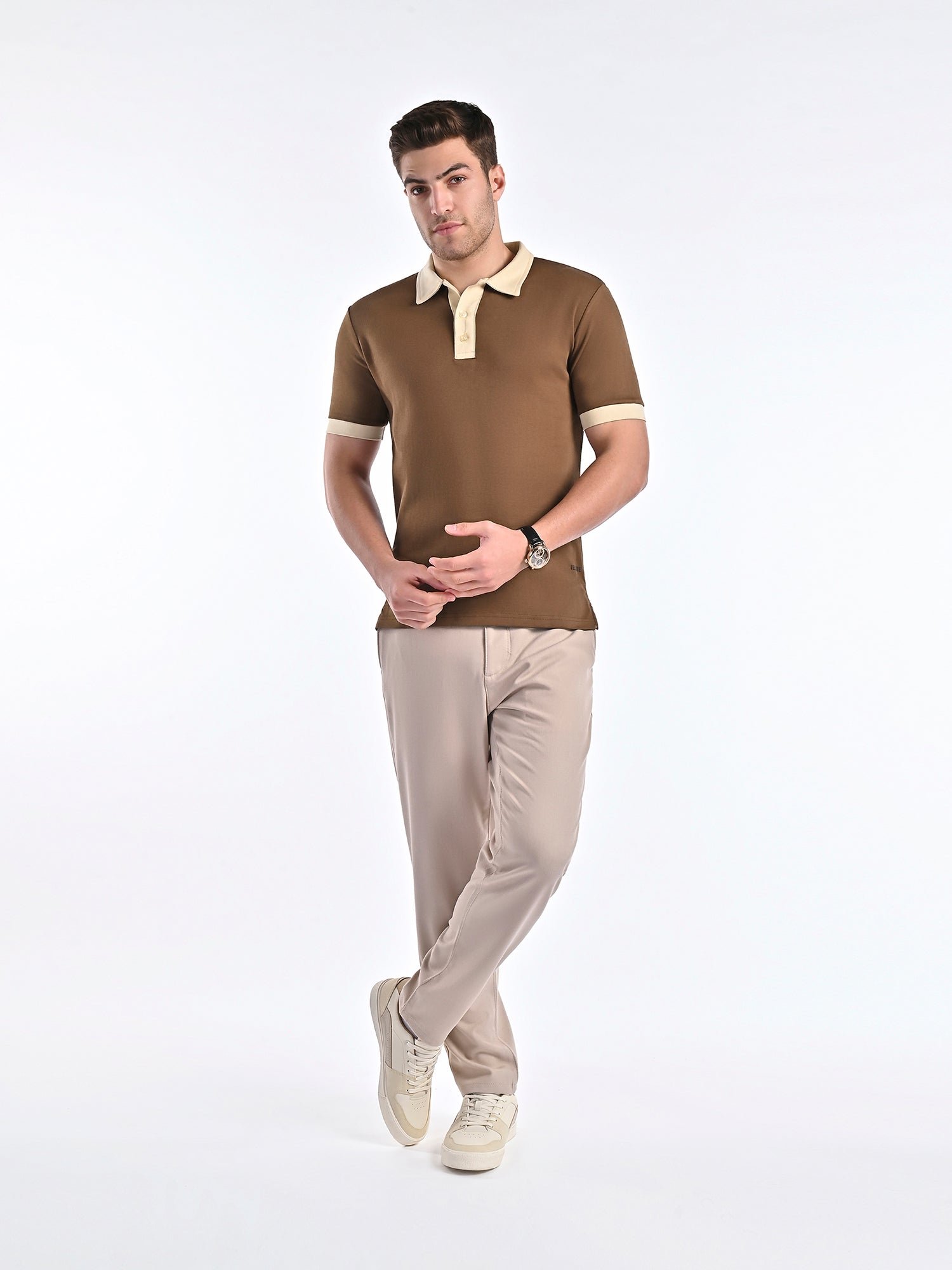Smooth-Touch Contrast Polo in Cinnamon Brown - Image 5