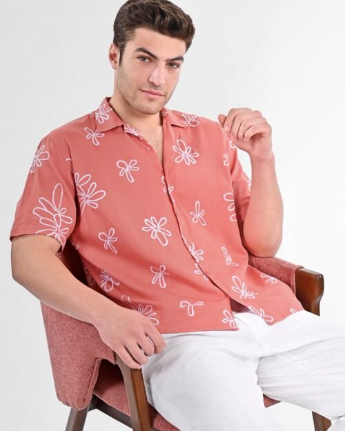 Box-Fit Floral Bloom Linen Shirt in Coral