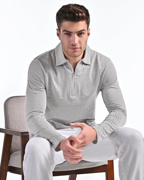 Mercerised Jacquard Full Sleeve Polo in Ash Grey