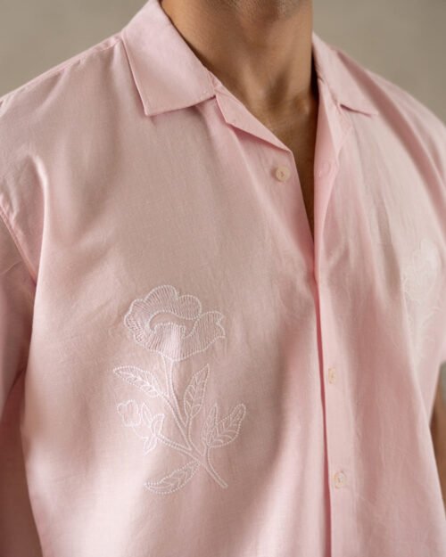 Botanic Bloom Box-Fit Embroidered Linen Shirt in Pearl Pink