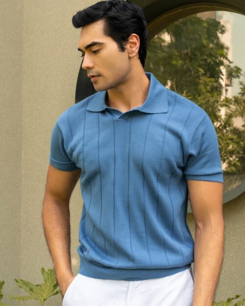 Johnny-Collar Knit Polo in Azure Blue