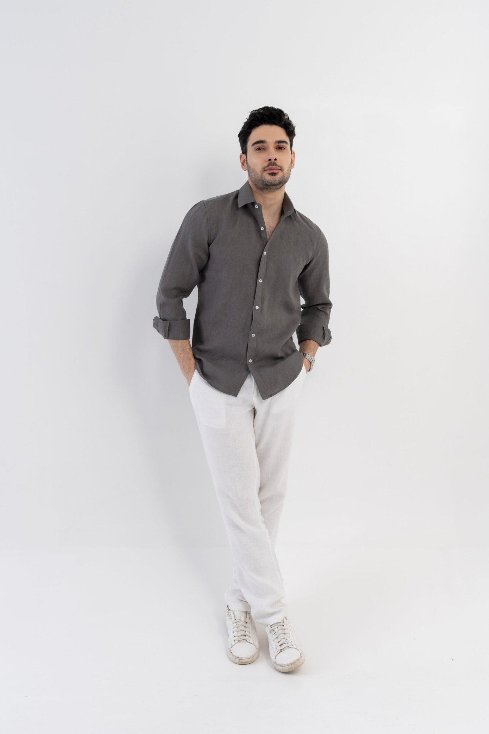 100{0fe987850b2366ddbf93158462bf650ab3167f078d7b080d701abd4c627c78f9} Linen Soft Touch Charcoal Grey Shirt - Image 5
