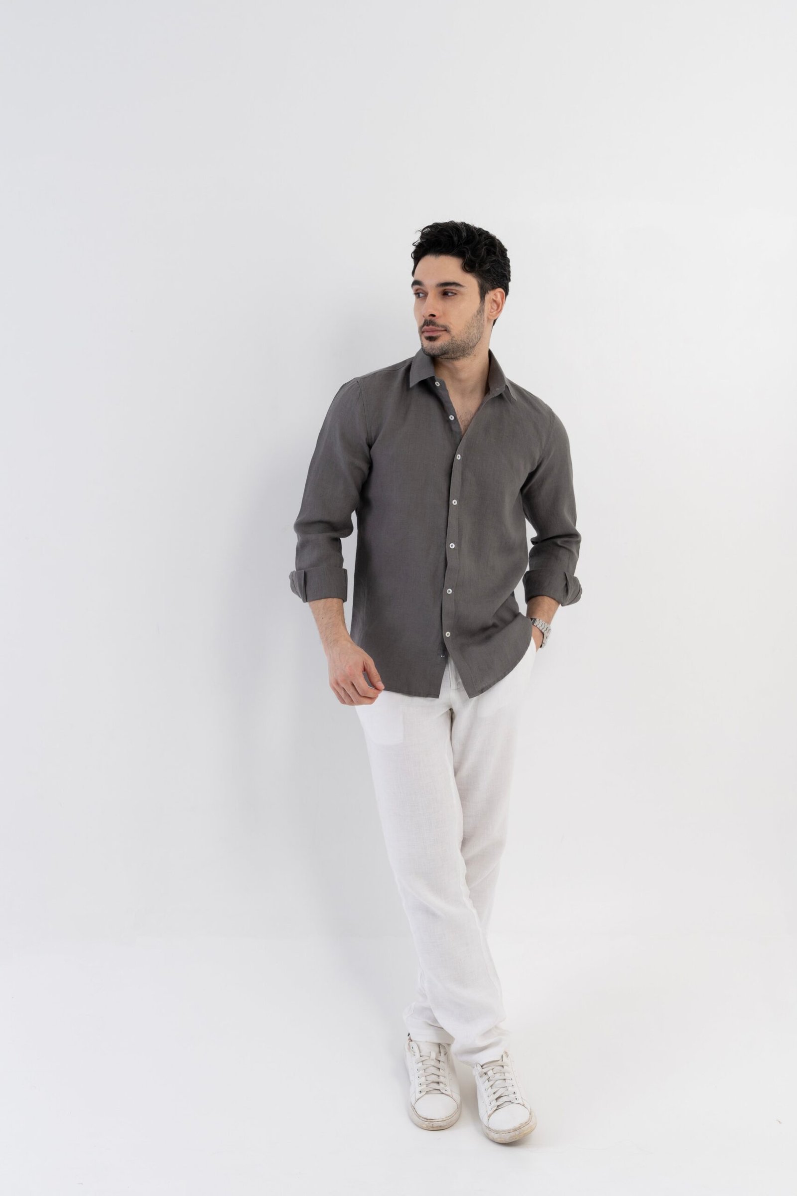 100{0fe987850b2366ddbf93158462bf650ab3167f078d7b080d701abd4c627c78f9} Linen Soft Touch Charcoal Grey Shirt - Image 8