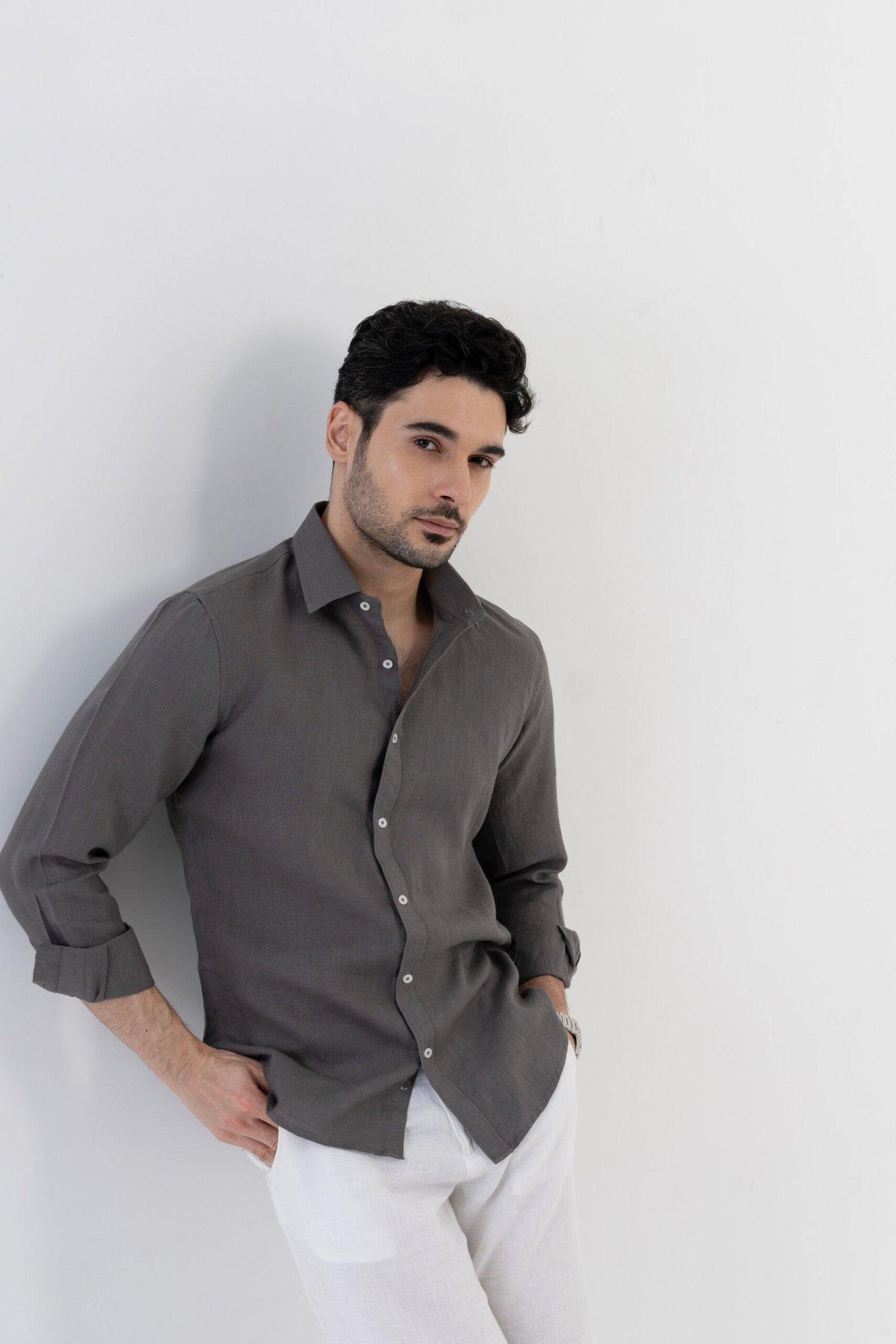 100{0fe987850b2366ddbf93158462bf650ab3167f078d7b080d701abd4c627c78f9} Linen Soft Touch Charcoal Grey Shirt - Image 3